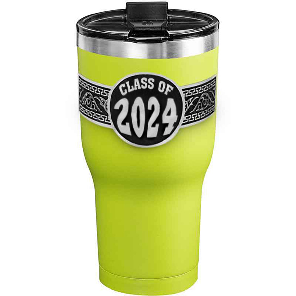 A customized tumbler made of stainless steel with a personalized engraved Class of 2024 lettering, 30 oz, ideal for coffee or cool drinks